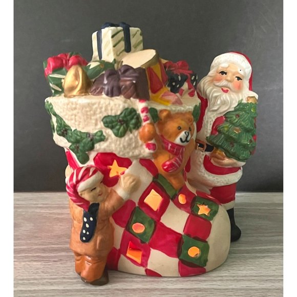 Vintage Santa Claus with Stocking Tea Light Holder Little Boy Reaching for Gifts - Picture 1 of 10